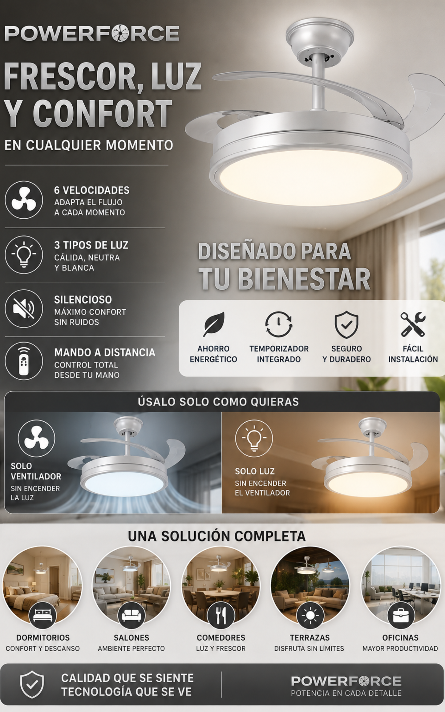 Ventilador con lampara integrada Powerforce™️ | Bajo consumo | 6 Niveles