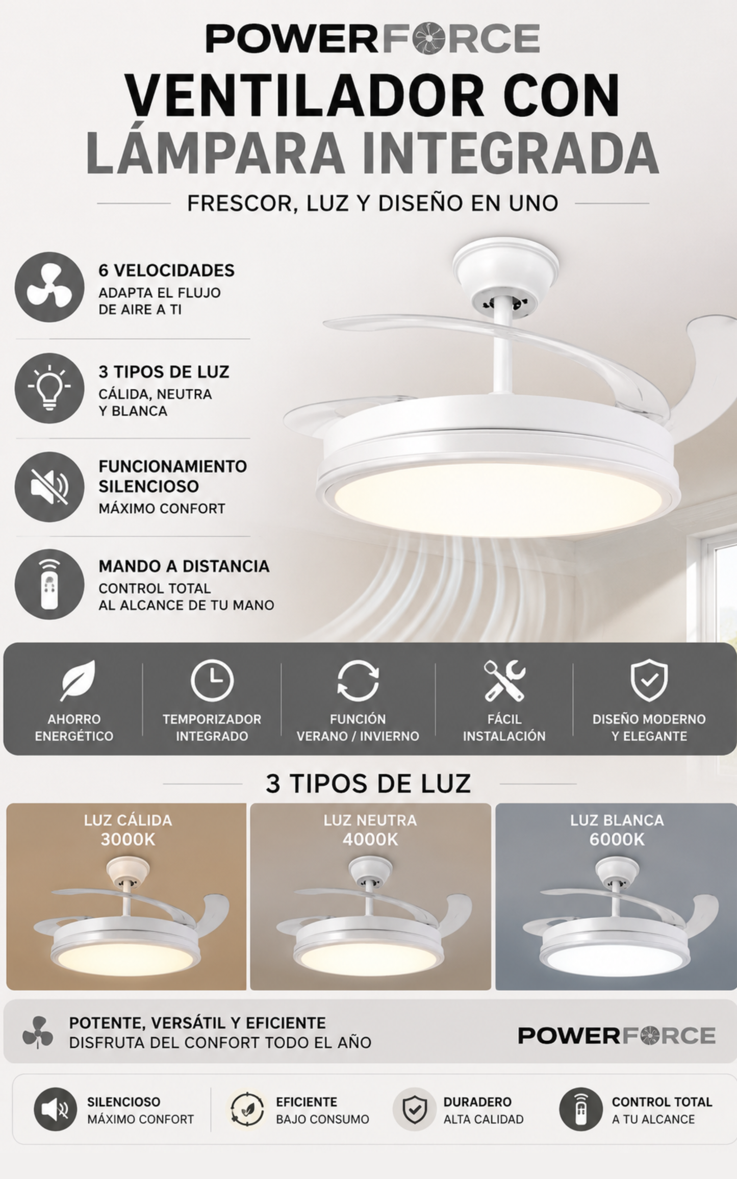 Ventilador con lampara integrada Powerforce™️ | Bajo consumo | 6 Niveles