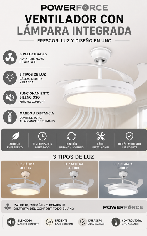 Ventilador con lampara integrada Powerforce™️ | Bajo consumo | 6 Niveles