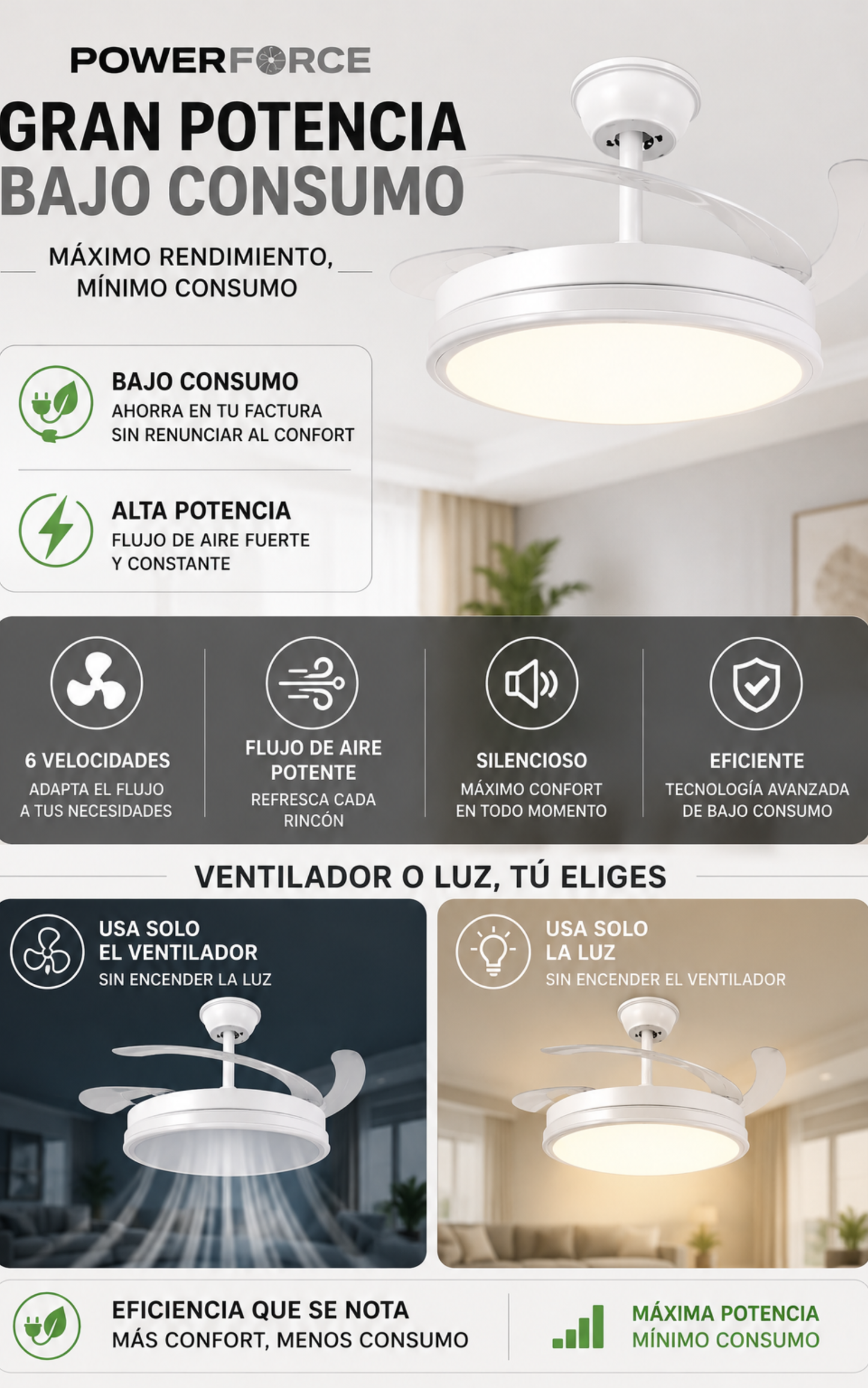 Ventilador con lampara integrada Powerforce™️ | Bajo consumo | 6 Niveles