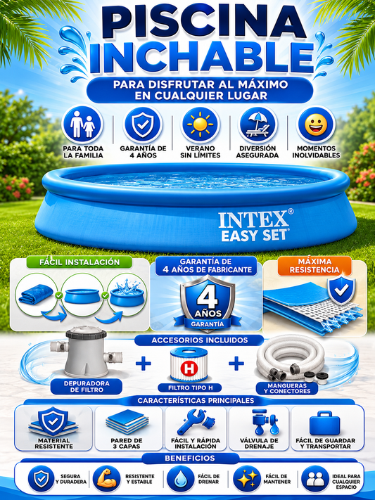 INTEX - Piscina hinchable redonda | Depuradora incluida | Máxima resitencia